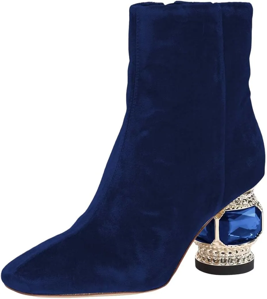 XYD Women Gorgeous Low Chunky Crystal Gem Heel Ankle Boots Closed Square Toe Short Bootie Side Zip Party Ballroom Dress Shoes
