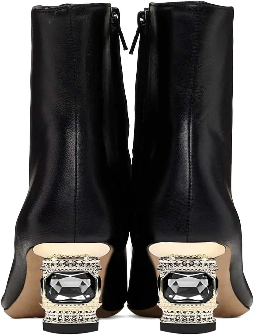 XYD Women Gorgeous Low Chunky Crystal Gem Heel Ankle Boots Closed Square Toe Short Bootie Side Zip Party Ballroom Dress Shoes
