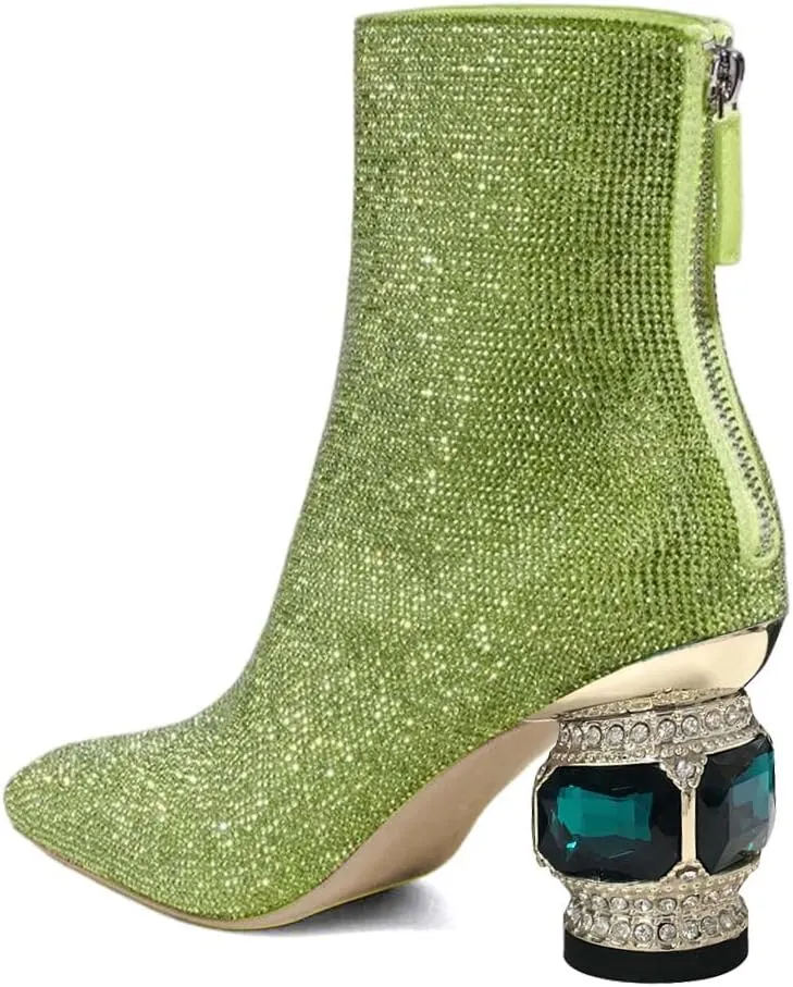 XYD Women Gorgeous Mid Low Chunky Crystal Gem Heel Ankle Boots Closed Square Toe Short Bootie Back Zipper Party Ballroom Dancing Dressy Shoes