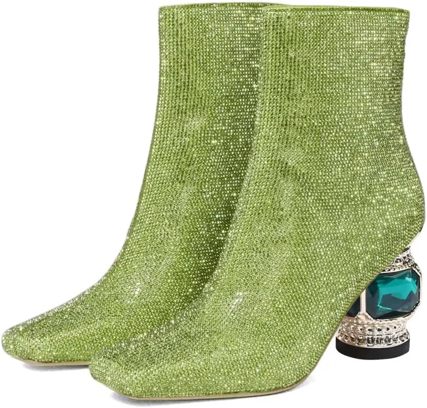 XYD Women Gorgeous Mid Low Chunky Crystal Gem Heel Ankle Boots Closed Square Toe Short Bootie Back Zipper Party Ballroom Dancing Dressy Shoes