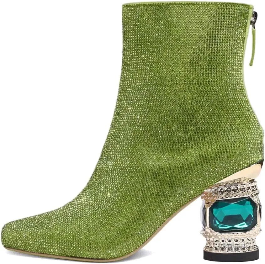 XYD Women Gorgeous Mid Low Chunky Crystal Gem Heel Ankle Boots Closed Square Toe Short Bootie Back Zipper Party Ballroom Dancing Dressy Shoes