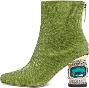 XYD Women Gorgeous Mid Low Chunky Crystal Gem Heel Ankle Boots Closed Square Toe Short Bootie Back Zipper Party Ballroom Dancing Dressy Shoes