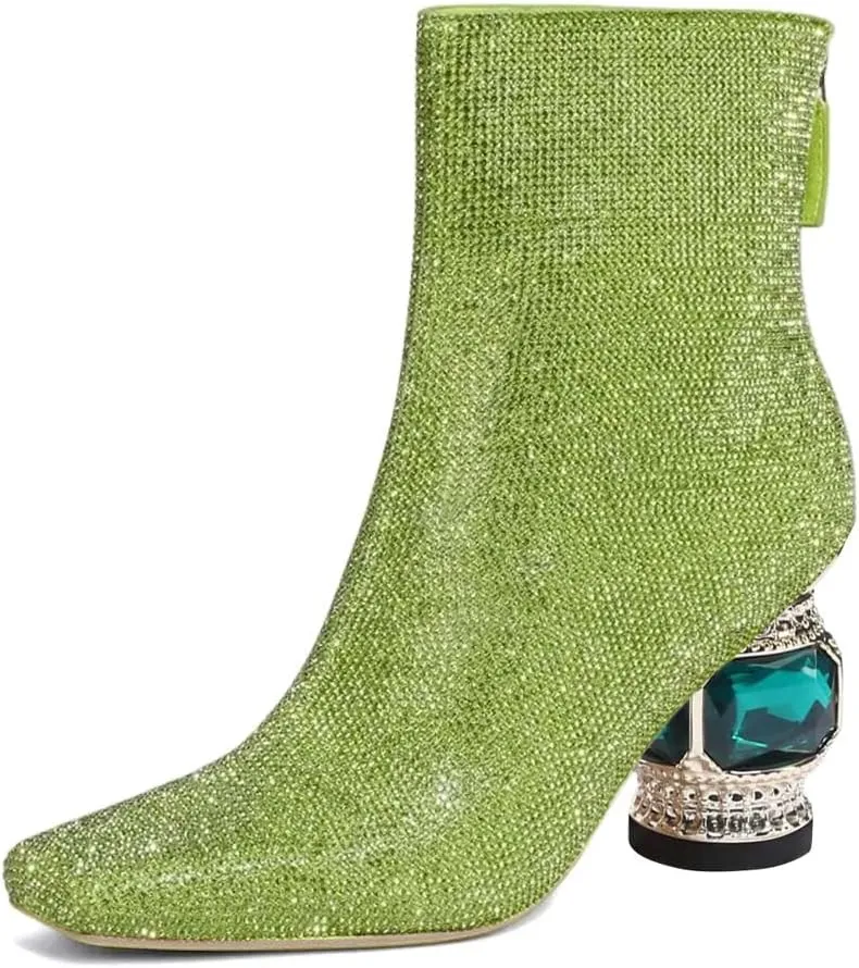 XYD Women Gorgeous Mid Low Chunky Crystal Gem Heel Ankle Boots Closed Square Toe Short Bootie Back Zipper Party Ballroom Dancing Dressy Shoes