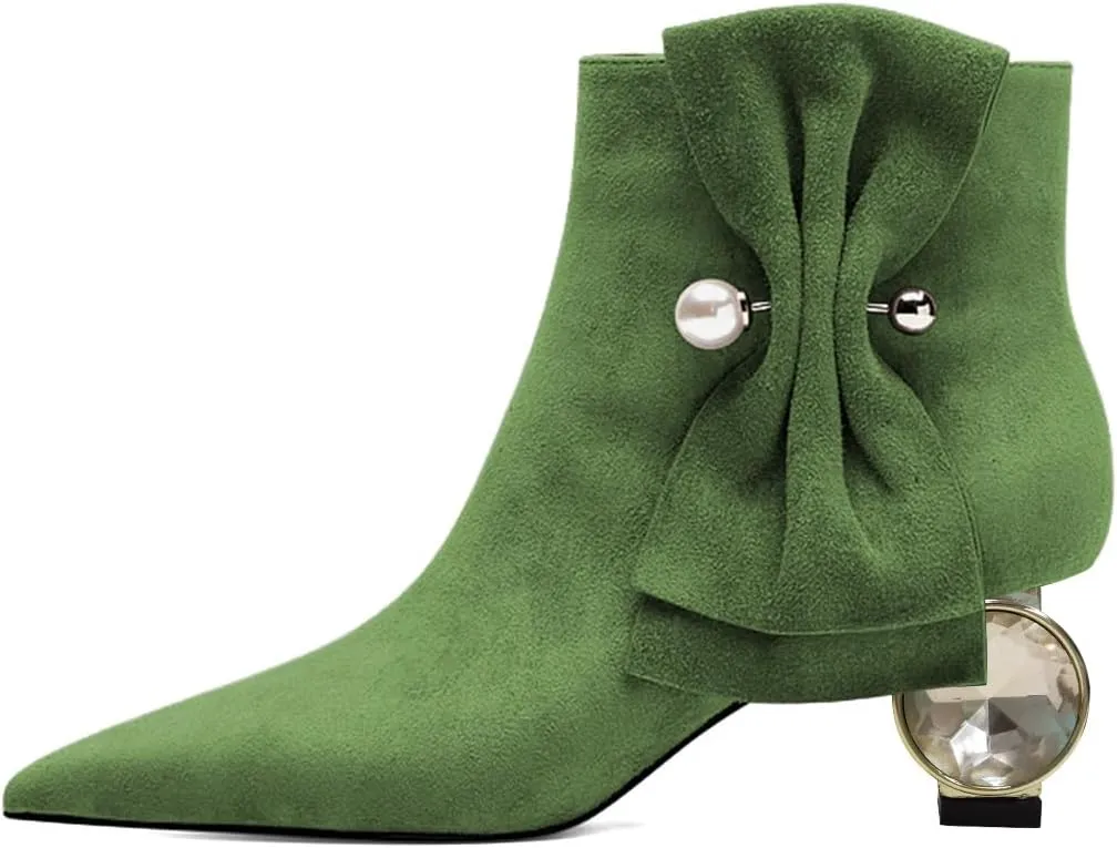 XYD Women Low Heel Ankle Boots Pointed Toe Pearl Side Bowknot Crystal Chunky Low Heels Inner Zip Booties Event Shoes