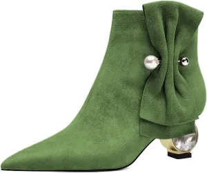 XYD Women Low Heel Ankle Boots Pointed Toe Pearl Side Bowknot Crystal Chunky Low Heels Inner Zip Booties Event Shoes
