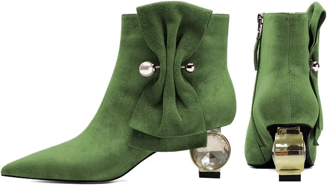 XYD Women Low Heel Ankle Boots Pointed Toe Pearl Side Bowknot Crystal Chunky Low Heels Inner Zip Booties Event Shoes