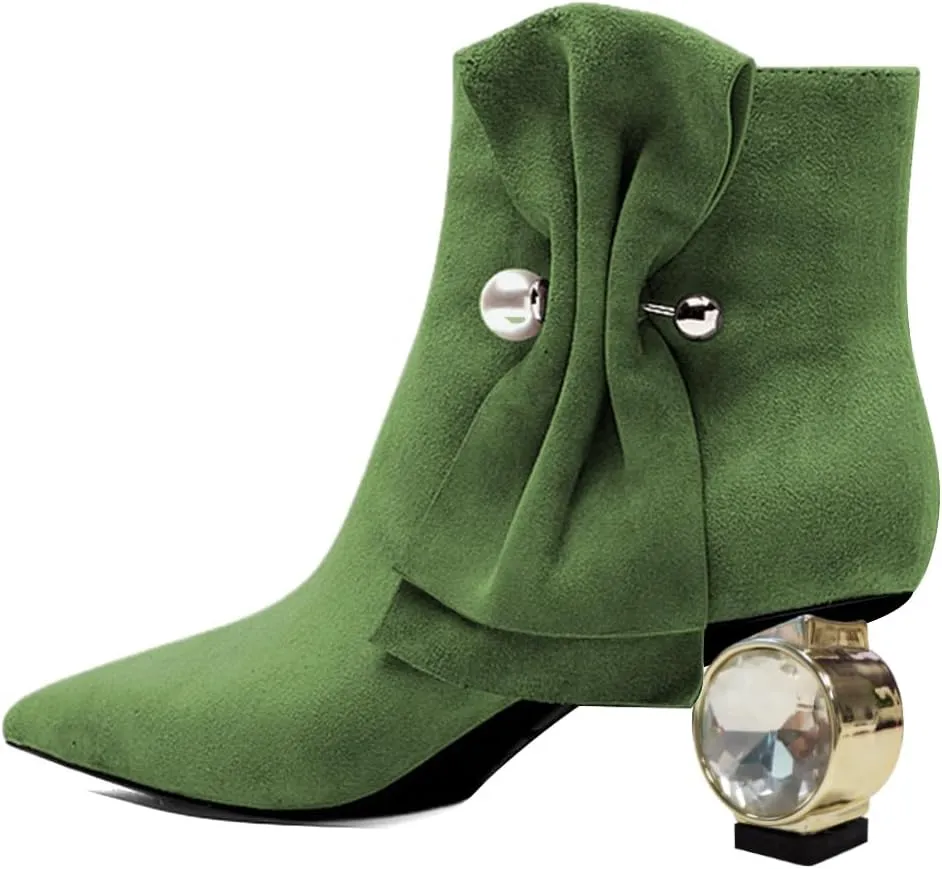 XYD Women Low Heel Ankle Boots Pointed Toe Pearl Side Bowknot Crystal Chunky Low Heels Inner Zip Booties Event Shoes