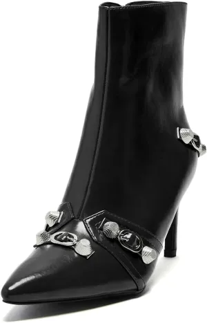 XYD Women Mid Heel Ankle Boots Chic Studded Buckle Pointed Closed Toe Side Zip Booties Shoes for Autumn Winter Dress
