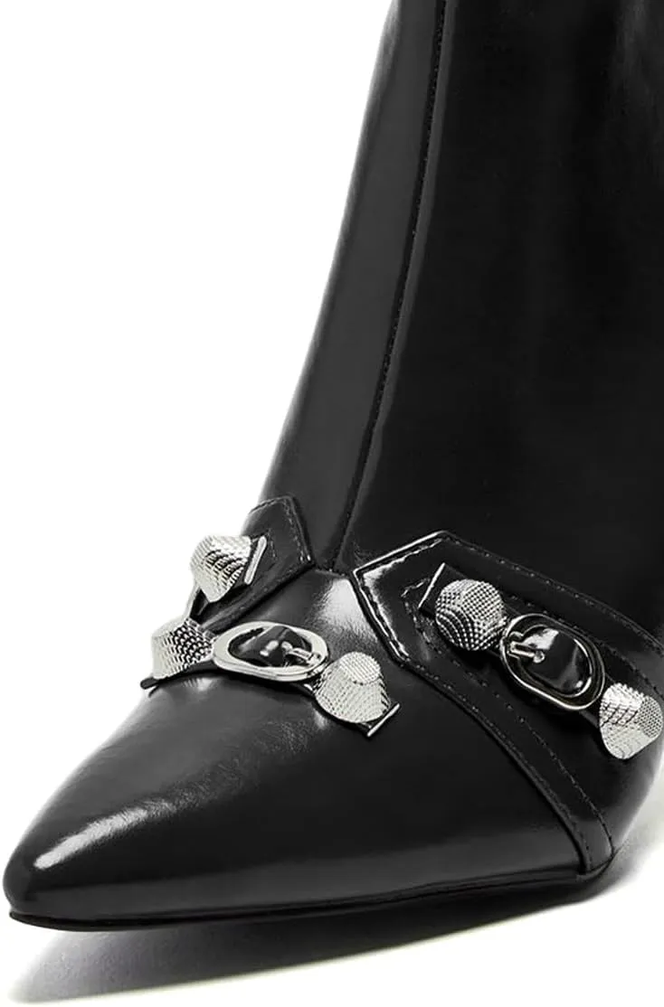 XYD Women Mid Heel Ankle Boots Chic Studded Buckle Pointed Closed Toe Side Zip Booties Shoes for Autumn Winter Dress