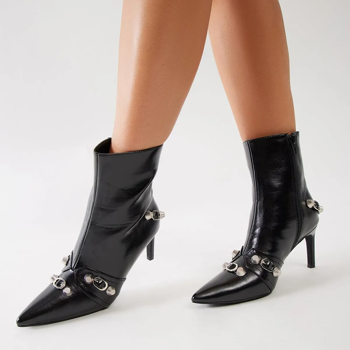 XYD Women Mid Heel Ankle Boots Chic Studded Buckle Pointed Closed Toe Side Zip Booties Shoes for Autumn Winter Dress
