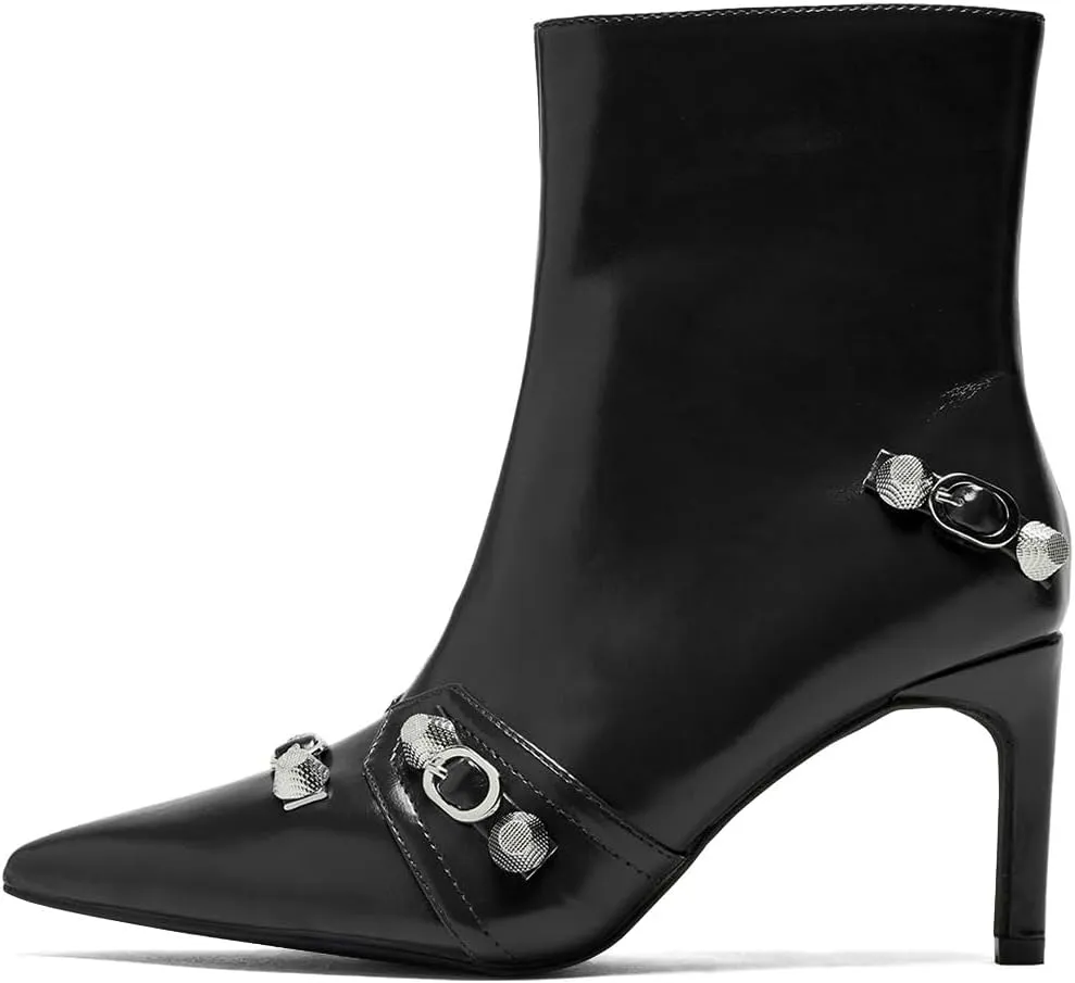 XYD Women Mid Heel Ankle Boots Chic Studded Buckle Pointed Closed Toe Side Zip Booties Shoes for Autumn Winter Dress