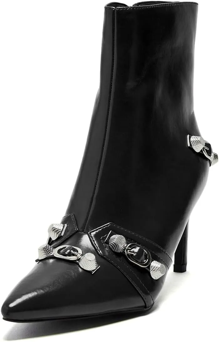 XYD Women Mid Heel Ankle Boots Chic Studded Buckle Pointed Closed Toe Side Zip Booties Shoes for Autumn Winter Dress