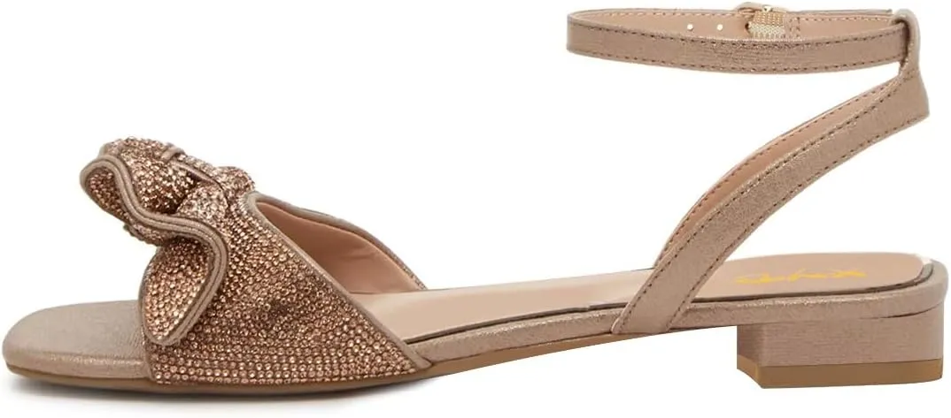 XYD Women Open Toe Ruffle Sandals Ankle Strappy Rhinestones Studs Low Heel Flats Buckled Dating Casual Shoes