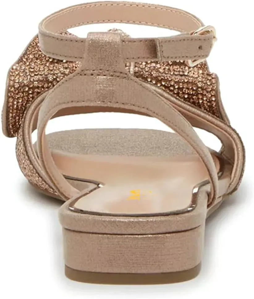 XYD Women Open Toe Ruffle Sandals Ankle Strappy Rhinestones Studs Low Heel Flats Buckled Dating Casual Shoes