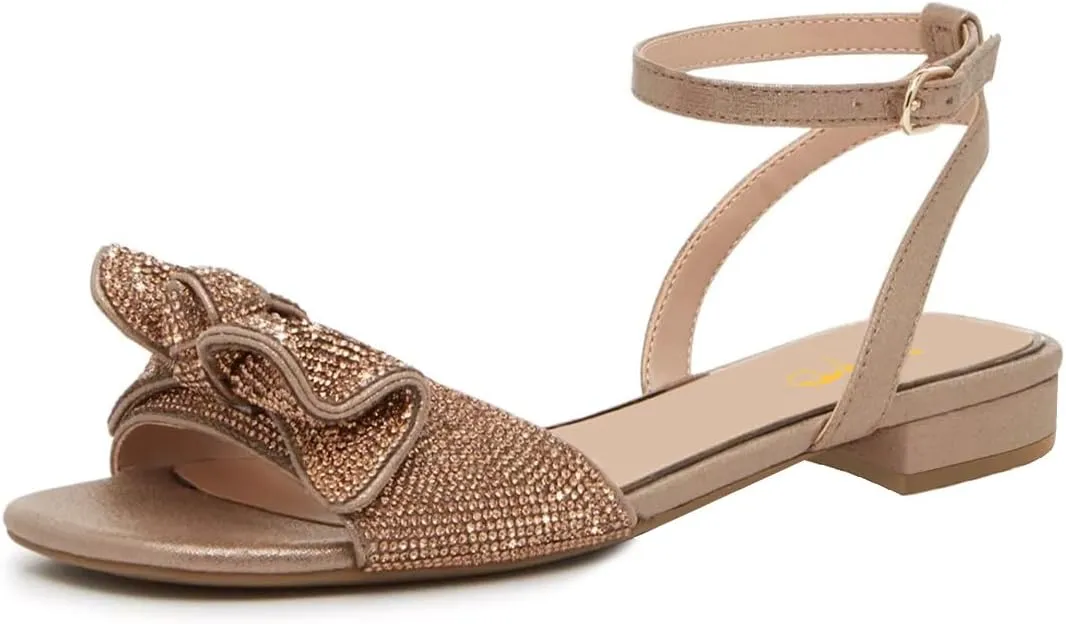 XYD Women Open Toe Ruffle Sandals Ankle Strappy Rhinestones Studs Low Heel Flats Buckled Dating Casual Shoes