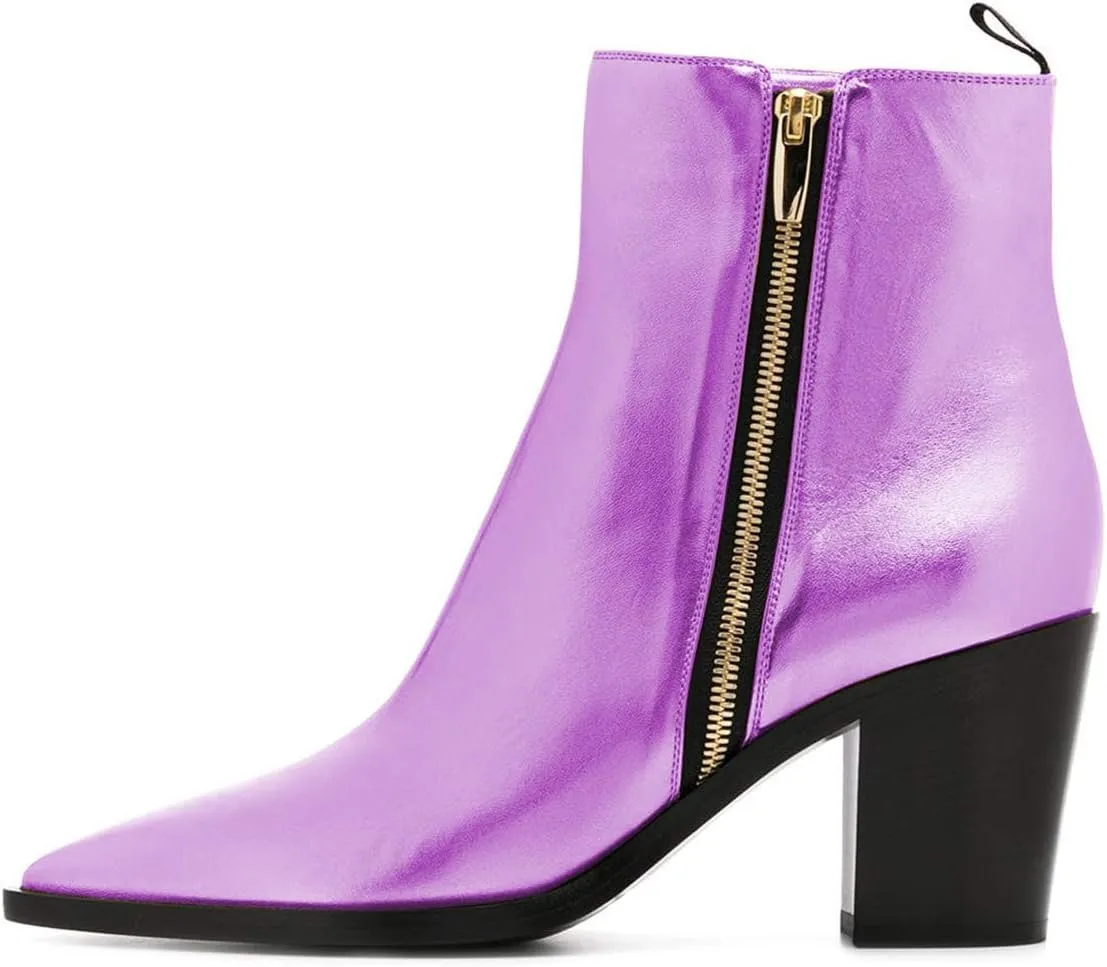 XYD Women Pointed Toe Glossy Ankle Boots Stacked Chunky Heels Pumps Booties with Side Zipper Fall Winter Dress Casual Shoes