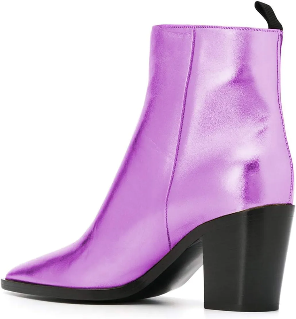 XYD Women Pointed Toe Glossy Ankle Boots Stacked Chunky Heels Pumps Booties with Side Zipper Fall Winter Dress Casual Shoes