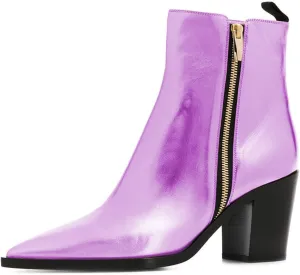 XYD Women Pointed Toe Glossy Ankle Boots Stacked Chunky Heels Pumps Booties with Side Zipper Fall Winter Dress Casual Shoes