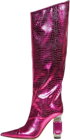 XYD Women Side Zip Knee High Boots Pointed Toe Cylindrical Crystal Block Heels Pumps Slouchy Dressy Party Shoes