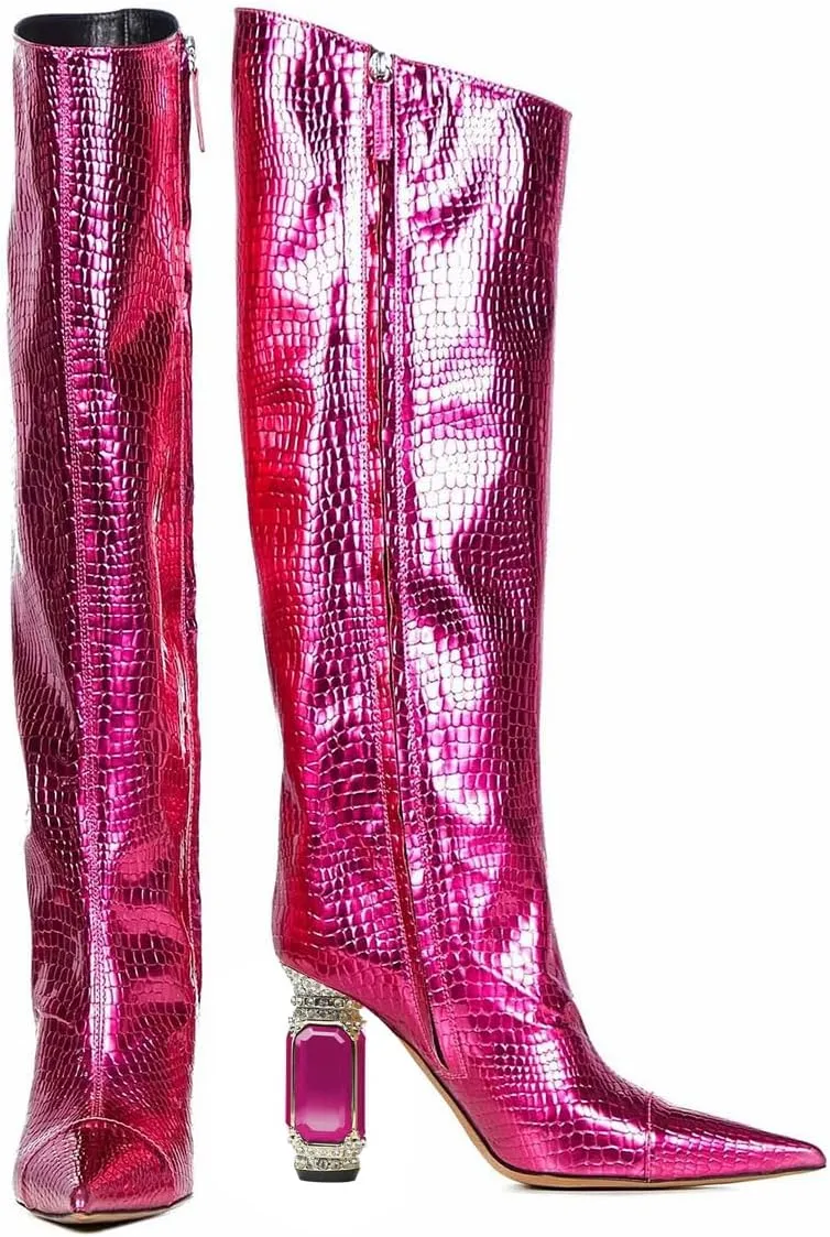 XYD Women Side Zip Knee High Boots Pointed Toe Cylindrical Crystal Block Heels Pumps Slouchy Dressy Party Shoes