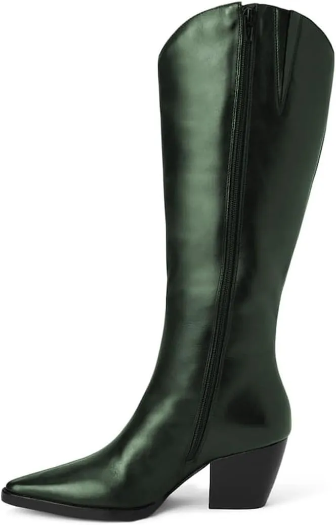 XYD Women Straight Knee High Boots with Side Zip Pointed Toe Cork Chunky Block Heel Booties Casual Dressy Shoes