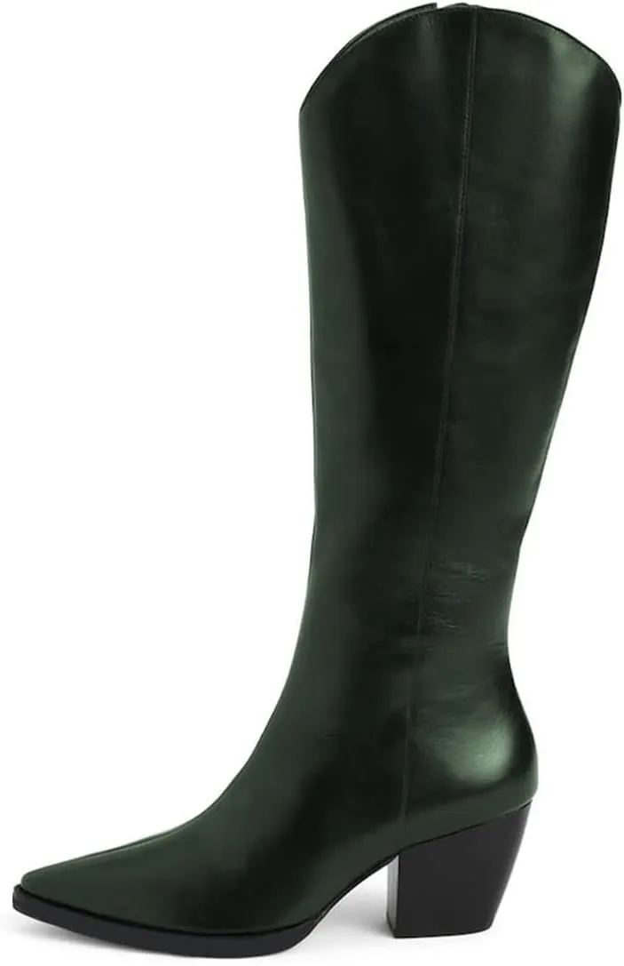 XYD Women Straight Knee High Boots with Side Zip Pointed Toe Cork Chunky Block Heel Booties Casual Dressy Shoes