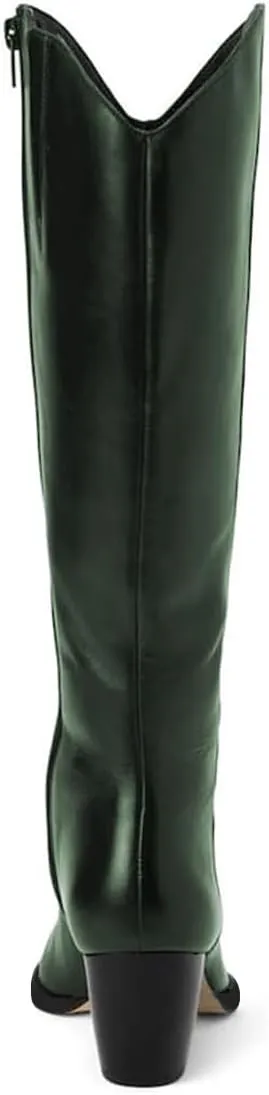 XYD Women Straight Knee High Boots with Side Zip Pointed Toe Cork Chunky Block Heel Booties Casual Dressy Shoes