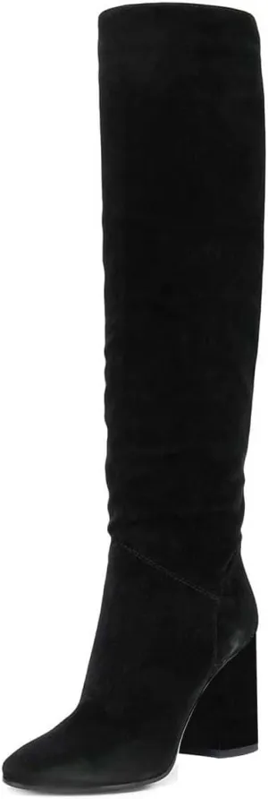 XYD Women Stretchy Pull On Calf Boots Retro Round Toe Waterproof Knee High Booties Chunky Blocked High Heel Casual Daily Wear Office Outdoor Shoes