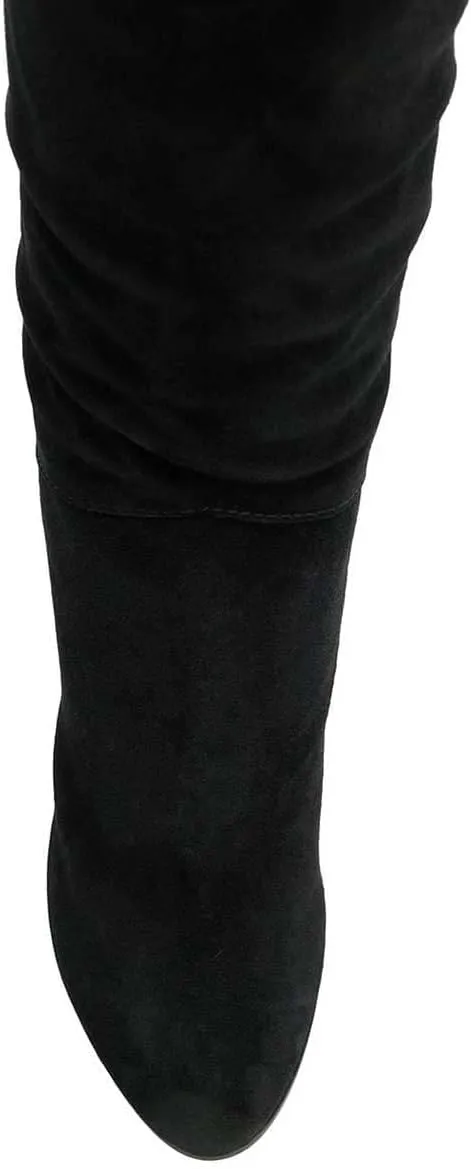 XYD Women Stretchy Pull On Calf Boots Retro Round Toe Waterproof Knee High Booties Chunky Blocked High Heel Casual Daily Wear Office Outdoor Shoes