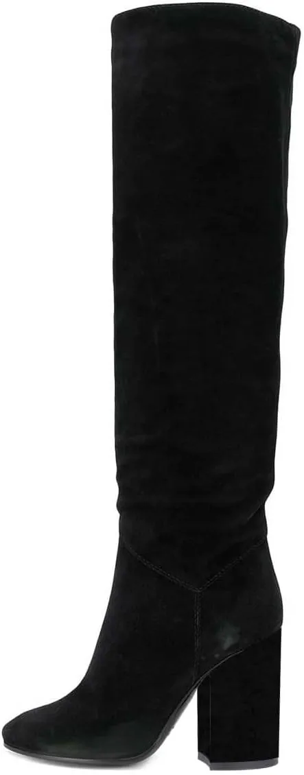 XYD Women Stretchy Pull On Calf Boots Retro Round Toe Waterproof Knee High Booties Chunky Blocked High Heel Casual Daily Wear Office Outdoor Shoes