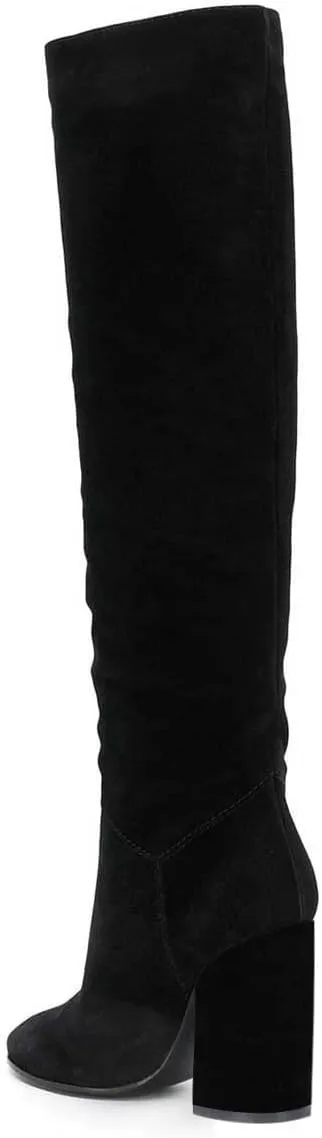 XYD Women Stretchy Pull On Calf Boots Retro Round Toe Waterproof Knee High Booties Chunky Blocked High Heel Casual Daily Wear Office Outdoor Shoes