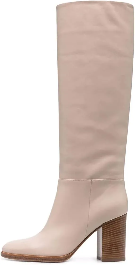 XYD Women Stretchy Pull On Calf Boots Retro Round Toe Waterproof Knee High Booties Chunky Blocked High Heel Casual Daily Wear Office Outdoor Shoes