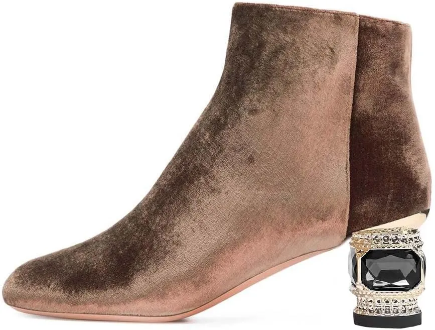 XYD Women Velvet Closed Round Toe Ankle Boots Zipper Side Fashion Gem Crystal Block Low Heel Party Event Booties Shoes