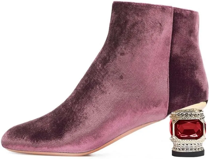 XYD Women Velvet Closed Round Toe Ankle Boots Zipper Side Fashion Gem Crystal Block Low Heel Party Event Booties Shoes
