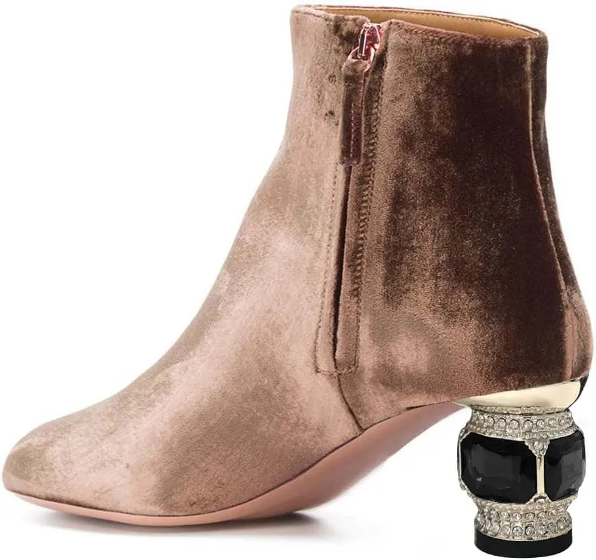 XYD Women Velvet Closed Round Toe Ankle Boots Zipper Side Fashion Gem Crystal Block Low Heel Party Event Booties Shoes