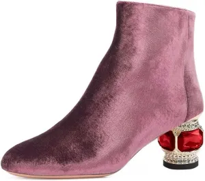 XYD Women Velvet Closed Round Toe Ankle Boots Zipper Side Fashion Gem Crystal Block Low Heel Party Event Booties Shoes