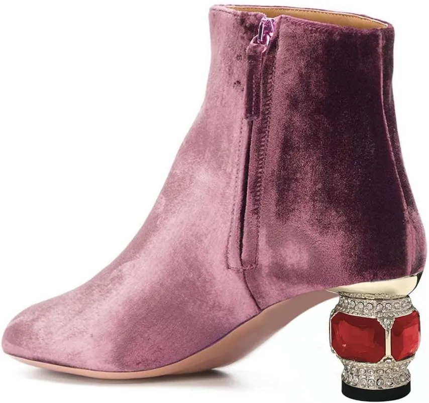 XYD Women Velvet Closed Round Toe Ankle Boots Zipper Side Fashion Gem Crystal Block Low Heel Party Event Booties Shoes
