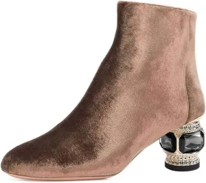 XYD Women Velvet Closed Round Toe Ankle Boots Zipper Side Fashion Gem Crystal Block Low Heel Party Event Booties Shoes