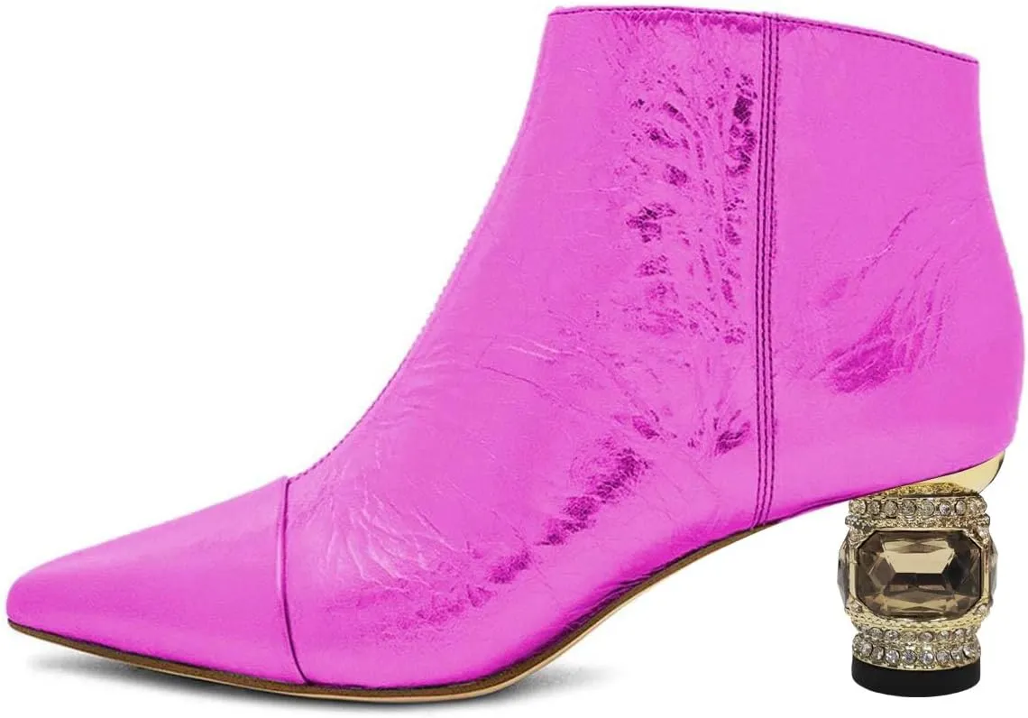 XYD Women's Closed Pointed Toe Chunky Crystal Low Heels Ankle Boots Autumn Winter Dressy Side Zip Party Wedding Club Short Booties Shoes