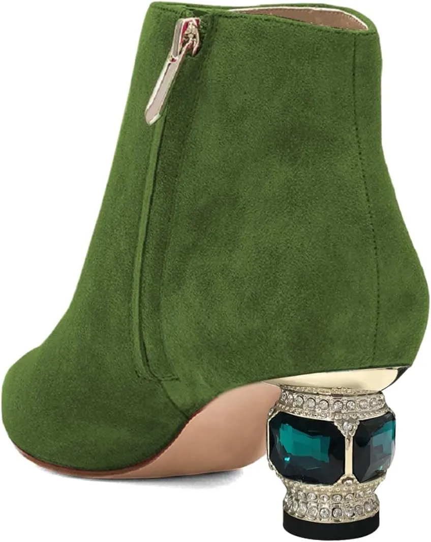 XYD Women's Closed Pointed Toe Chunky Crystal Low Heels Ankle Boots Autumn Winter Dressy Side Zip Party Wedding Club Short Booties Shoes