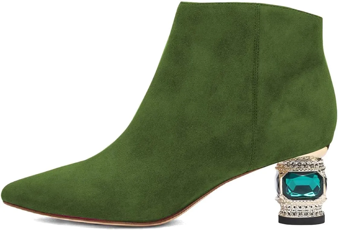 XYD Women's Closed Pointed Toe Chunky Crystal Low Heels Ankle Boots Autumn Winter Dressy Side Zip Party Wedding Club Short Booties Shoes