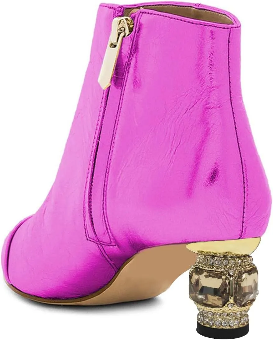 XYD Women's Closed Pointed Toe Chunky Crystal Low Heels Ankle Boots Autumn Winter Dressy Side Zip Party Wedding Club Short Booties Shoes