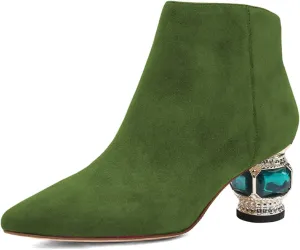 XYD Women's Closed Pointed Toe Chunky Crystal Low Heels Ankle Boots Autumn Winter Dressy Side Zip Party Wedding Club Short Booties Shoes