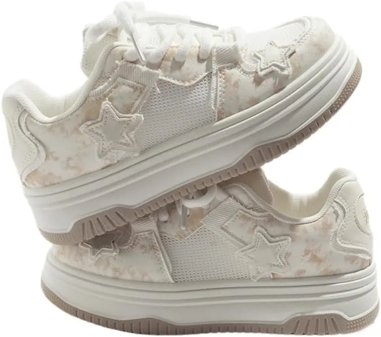 Y2K Retro Harajuku Canvas Star Shoes - Mesh Chunky Sneakers for Women & Girls, Comfy Orthopedic Thick Sole Streetwear White Kawaii Shoes for Beach Travel, Campus Life, All-Match Minimalist Style