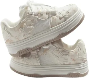 Y2K Retro Harajuku Canvas Star Shoes - Mesh Chunky Sneakers for Women & Girls, Comfy Orthopedic Thick Sole Streetwear White Kawaii Shoes for Beach Travel, Campus Life, All-Match Minimalist Style