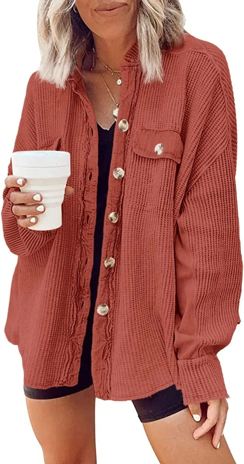 Yanekop Waffle Knit Button Down Shirt Womens Shacket Oversized Long Sleeve Shirt Jacket Trendy Outfits 2025