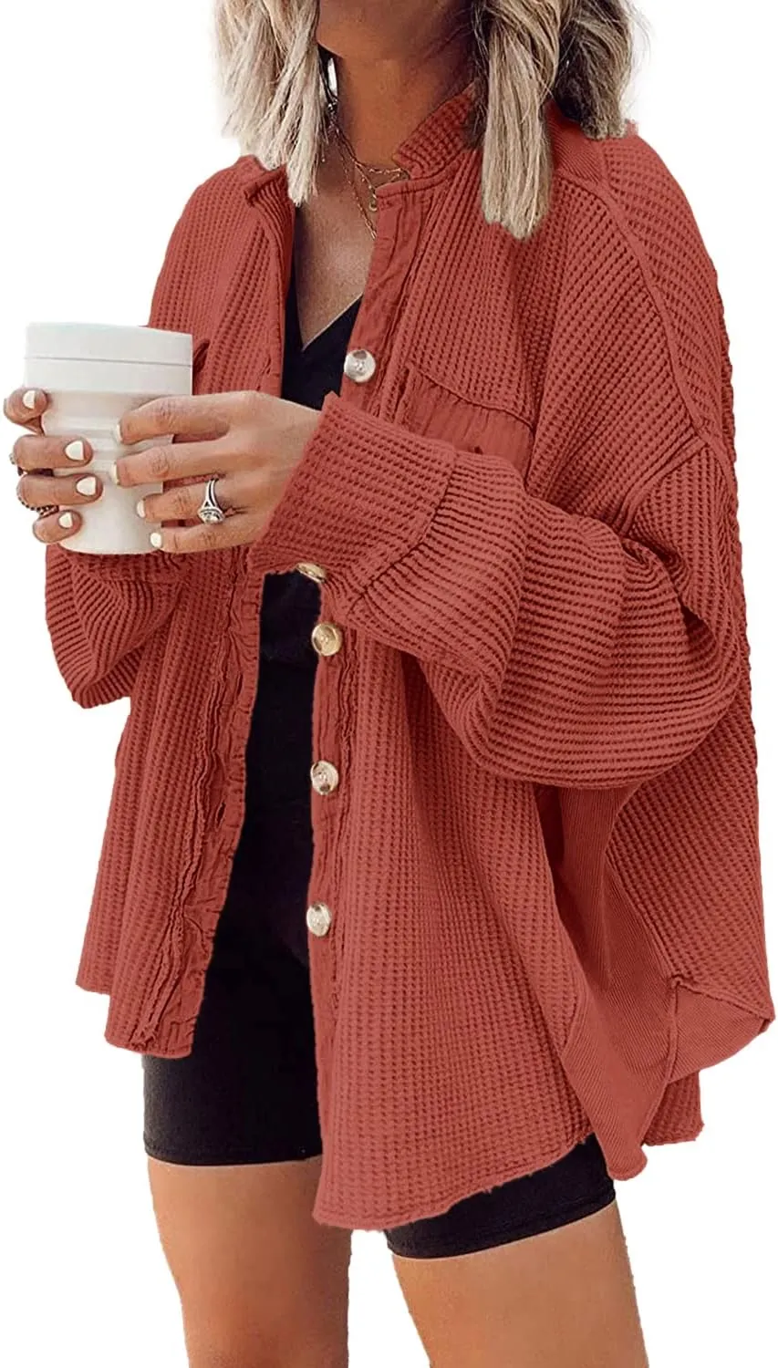 Yanekop Waffle Knit Button Down Shirt Womens Shacket Oversized Long Sleeve Shirt Jacket Trendy Outfits 2025