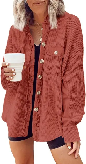 Yanekop Waffle Knit Button Down Shirt Womens Shacket Oversized Long Sleeve Shirt Jacket Trendy Outfits 2025