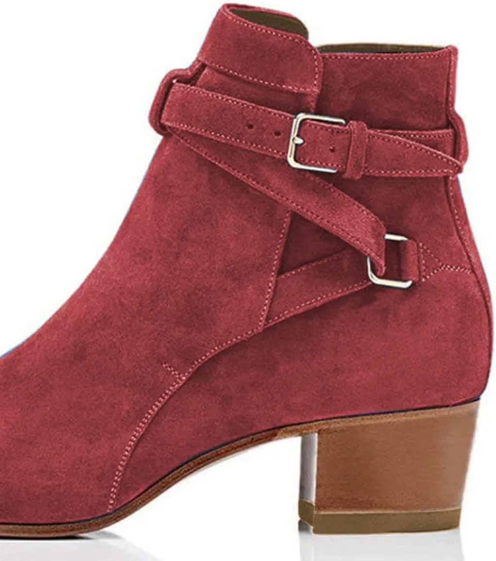 YDN Women Block Low Heel Suede Cowgirl Boots Pull on Ankle Bootie with Buckle