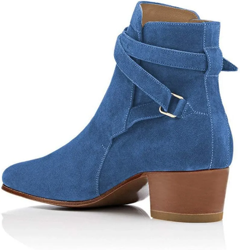 YDN Women Block Low Heel Suede Cowgirl Boots Pull on Ankle Bootie with Buckle